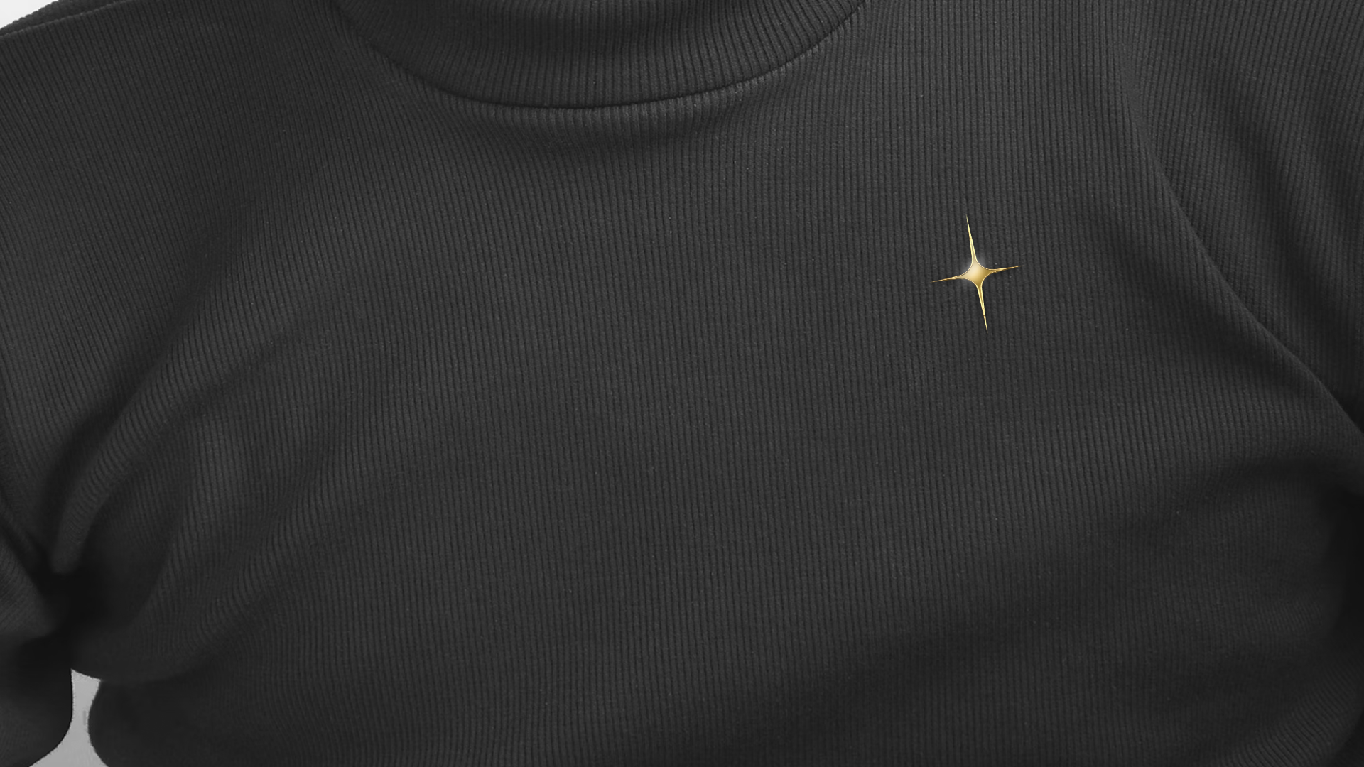 Suéter preto de gola alta com um pequeno broche dourado em forma de estrela no peito.