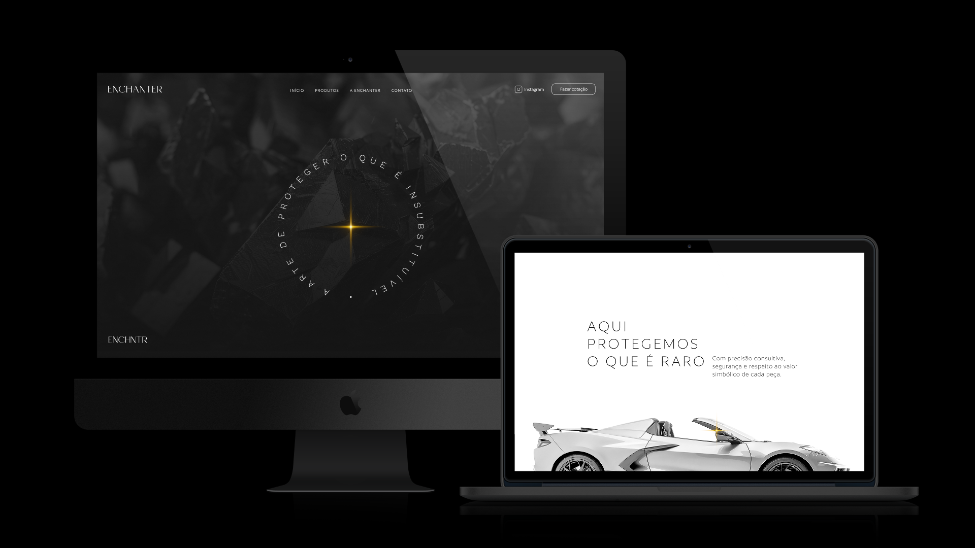 O desktop e o laptop exibem um site escuro com um carro esportivo cinza claro em um fundo branco.