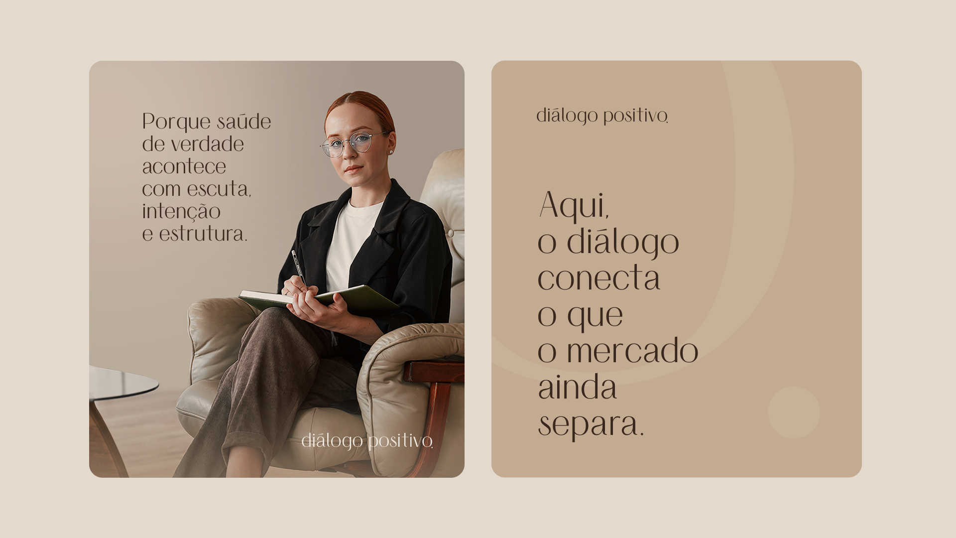 Uma mulher de óculos e terno está sentada em uma cadeira, segurando um caderno. Texto em cada um dos lados.