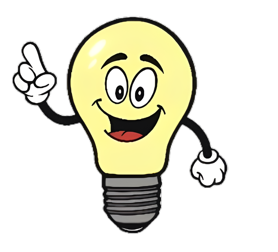 A smiling lightbulb with raised finger, indicating an idea.