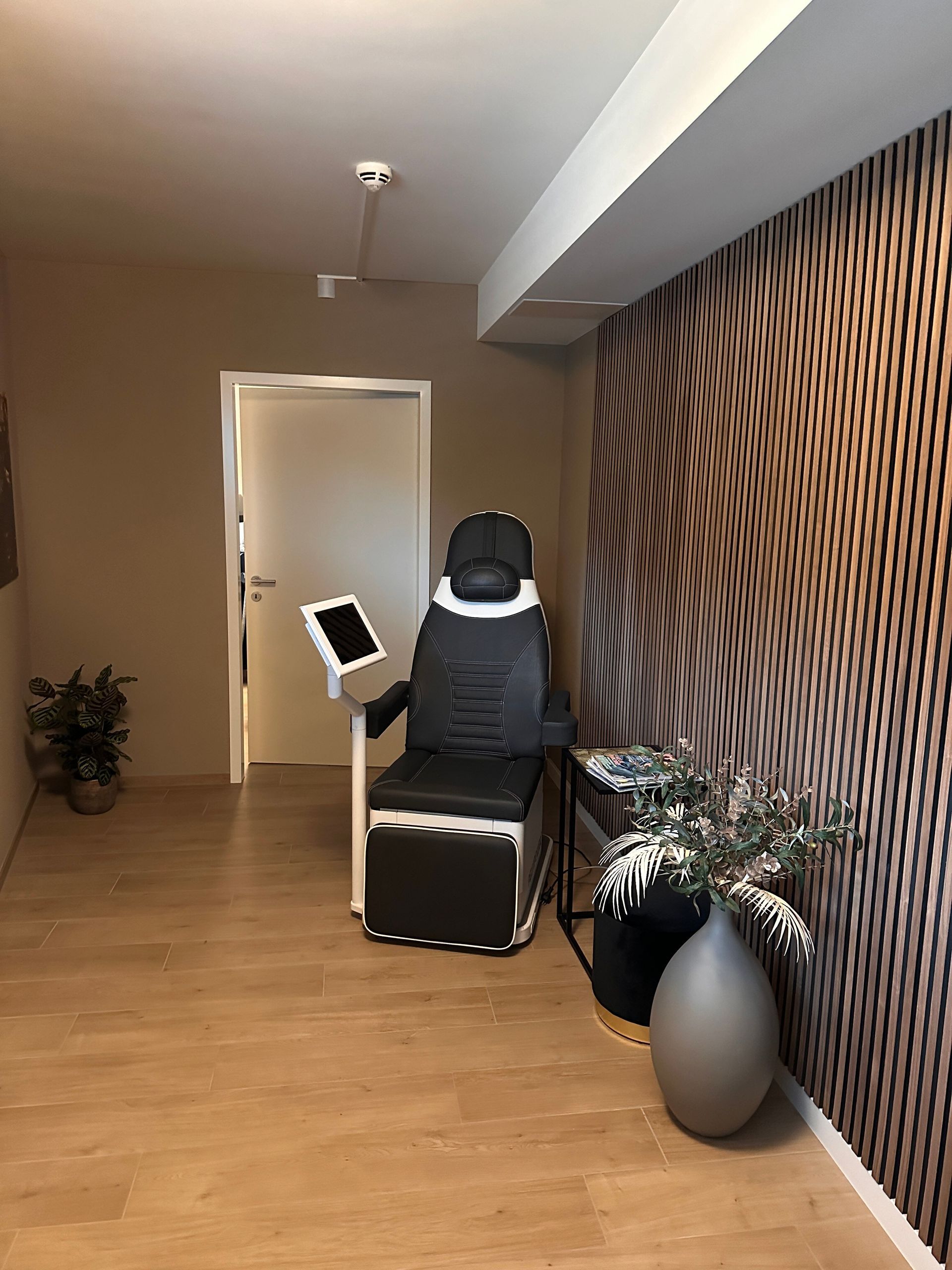 Ein Raum mit einem Stuhl und einer Pflanze darin