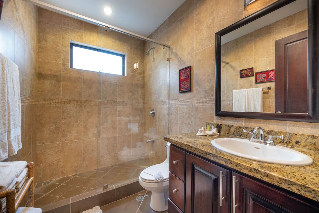 A bathroom with a toilet , sink , mirror and walk in shower.