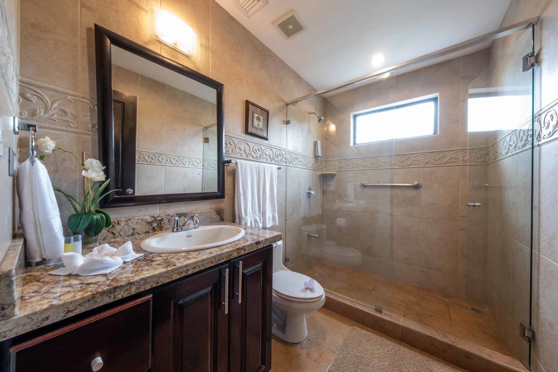 A bathroom with a sink , toilet , mirror and walk in shower.