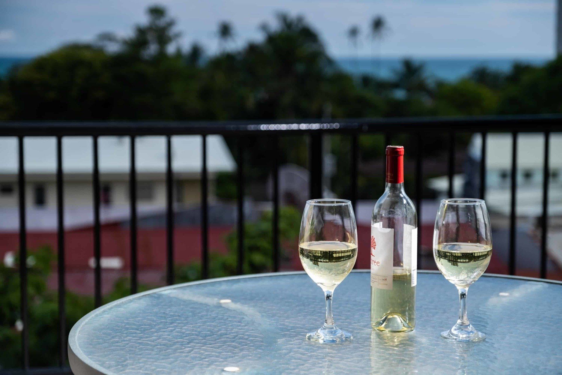 Two glasses of wine and a bottle of wine are on a table.