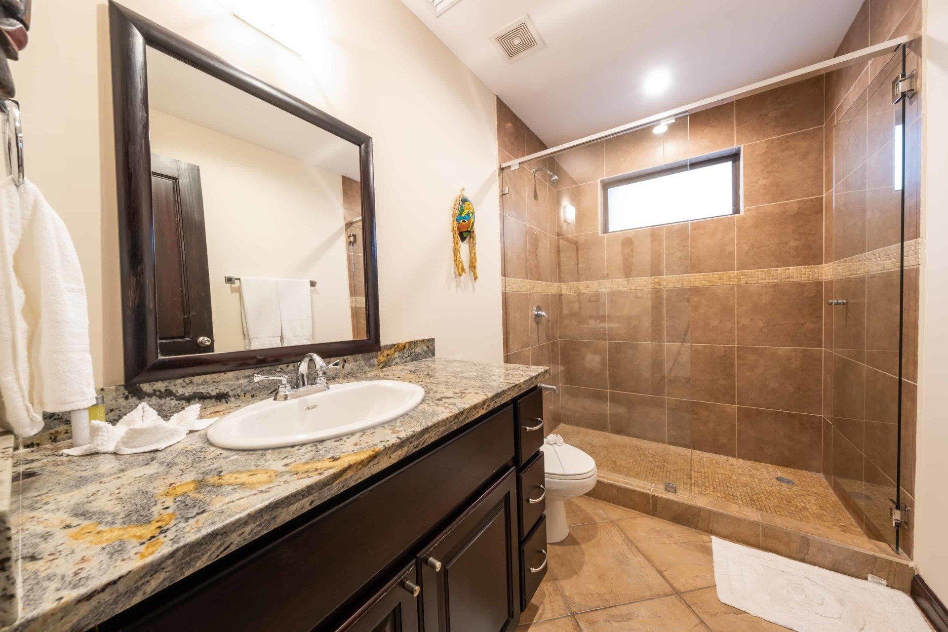 A bathroom with a sink , toilet , mirror and walk in shower.