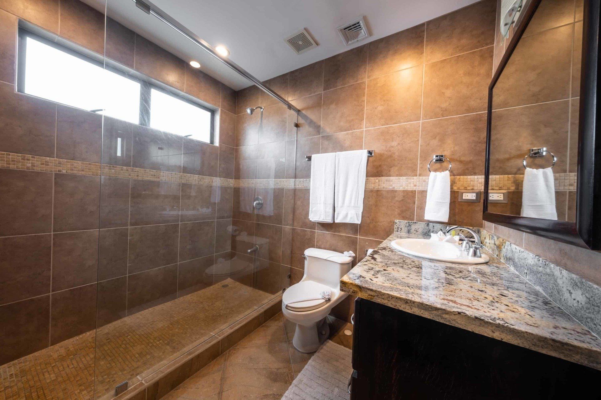 A bathroom with a toilet , sink , mirror and walk in shower.