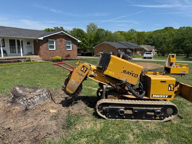 Yellow skid-steer loader clearing debris in a suburban yard near a house.