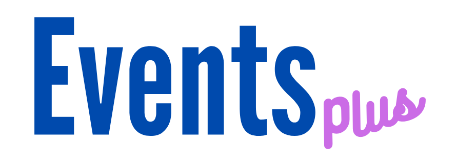 The logo for events plus is blue and pink on a white background.