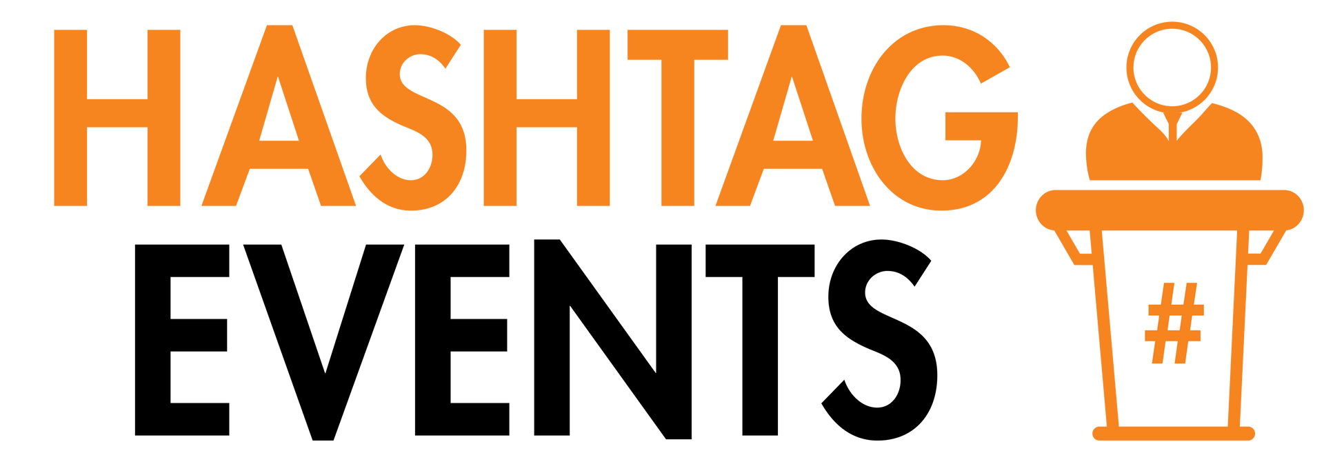 A logo for hashtag events with a man standing at a podium