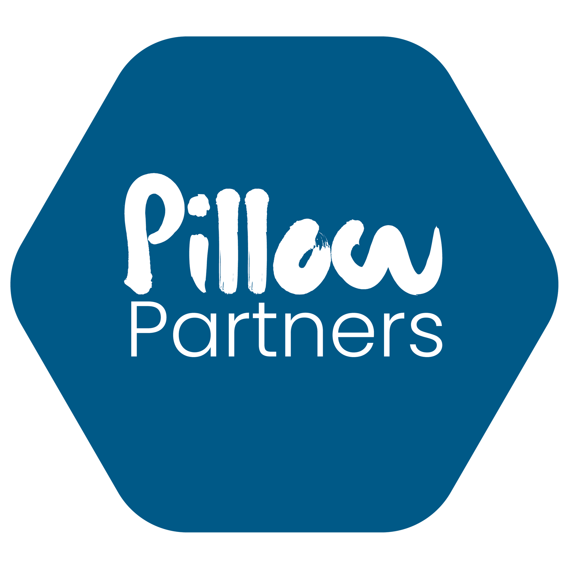 A blue hexagon with the words pillow partners written on it