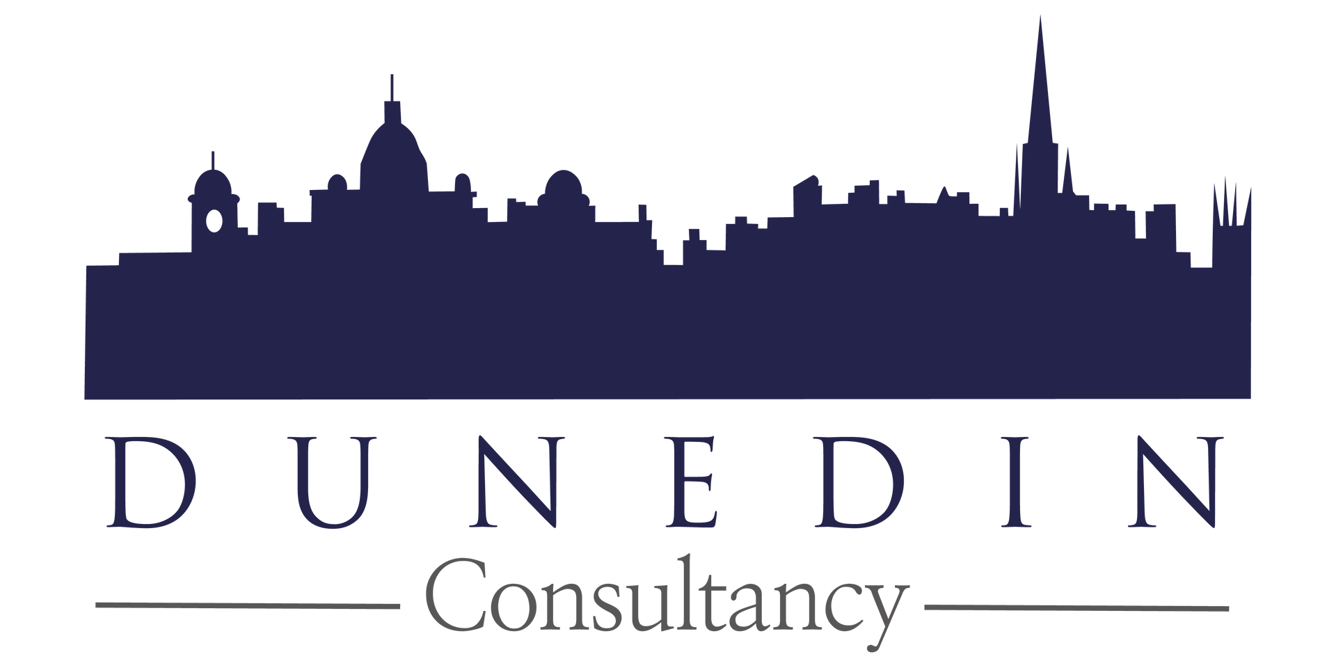 A logo for dunedin consultancy with a silhouette of a city skyline