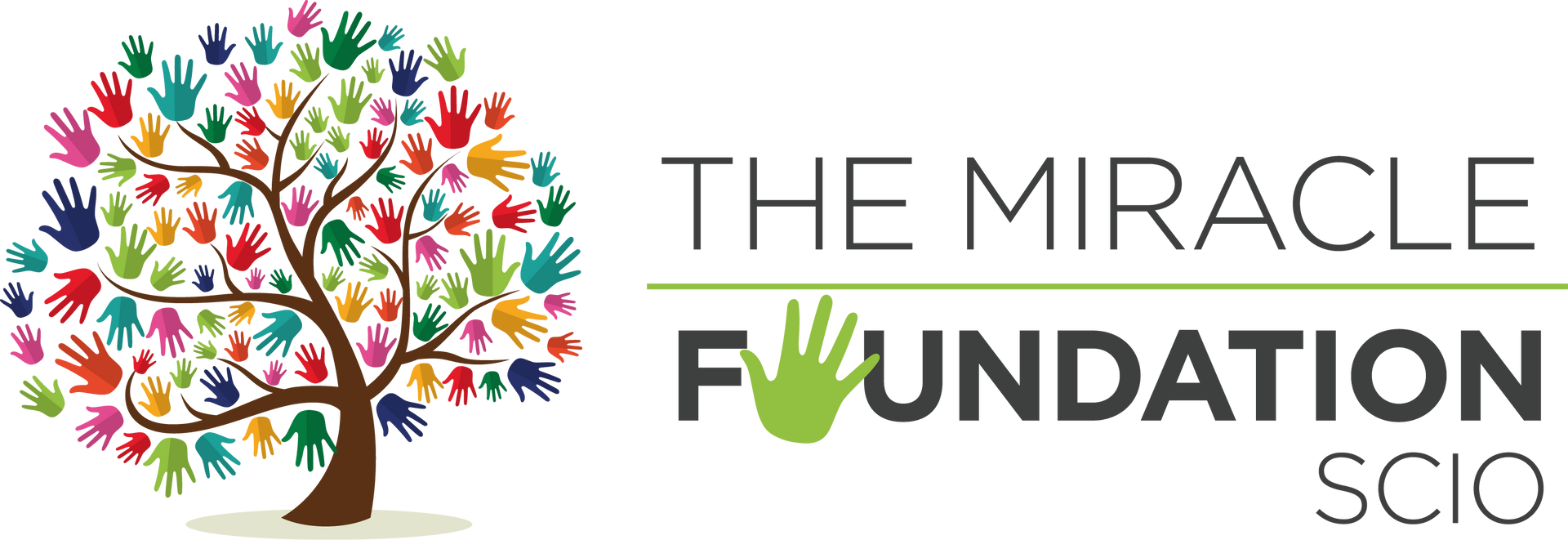 The logo for the miracle foundation scio shows a tree with hands on it.