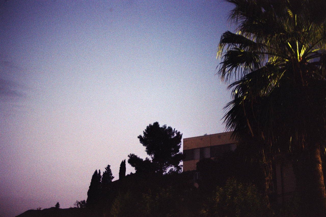 A steep hill with palm trees and a building at sunset in Taormina, Sicily, shot on film.