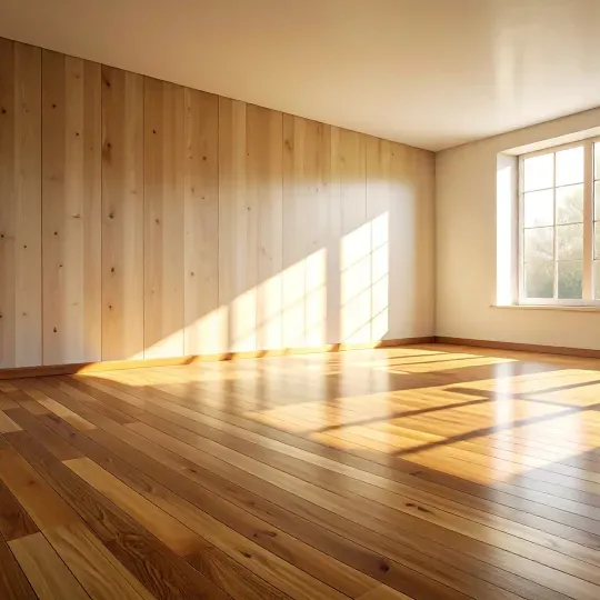 A living room with hardwood floors and a ceiling fan.
