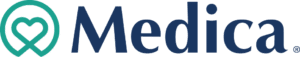 Medica logo with a heart symbol inside a circle, and the word