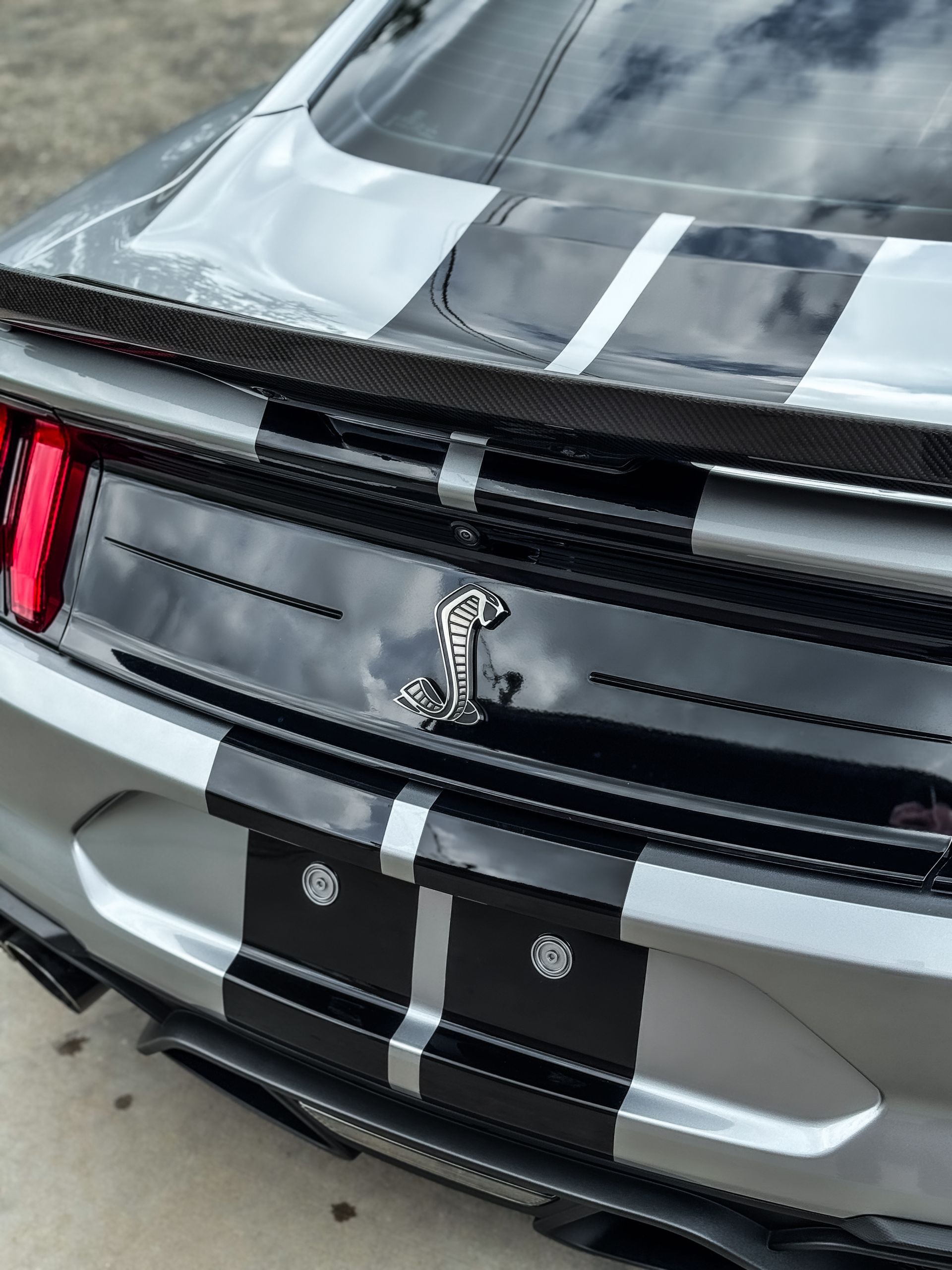 Silver Ford Mustang Shelby with black racing stripes and spoiler.