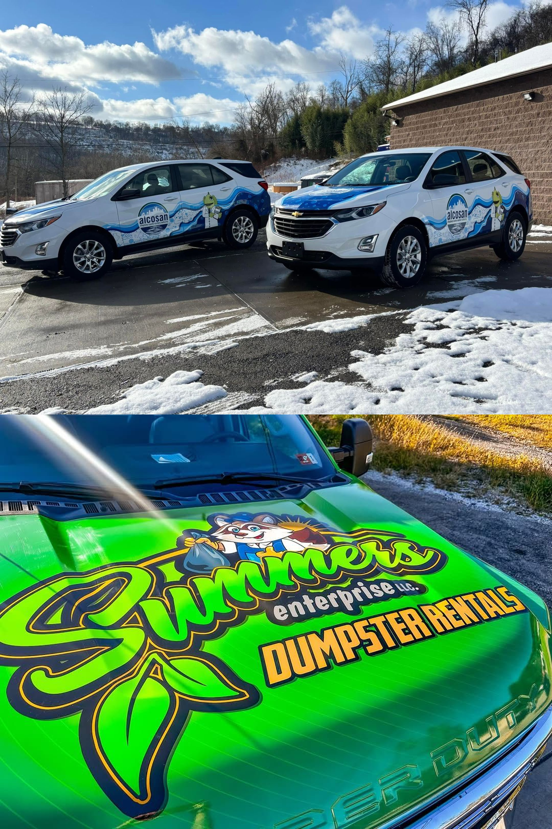 Two white vehicles with business logo in snow, plus a green truck with logo.