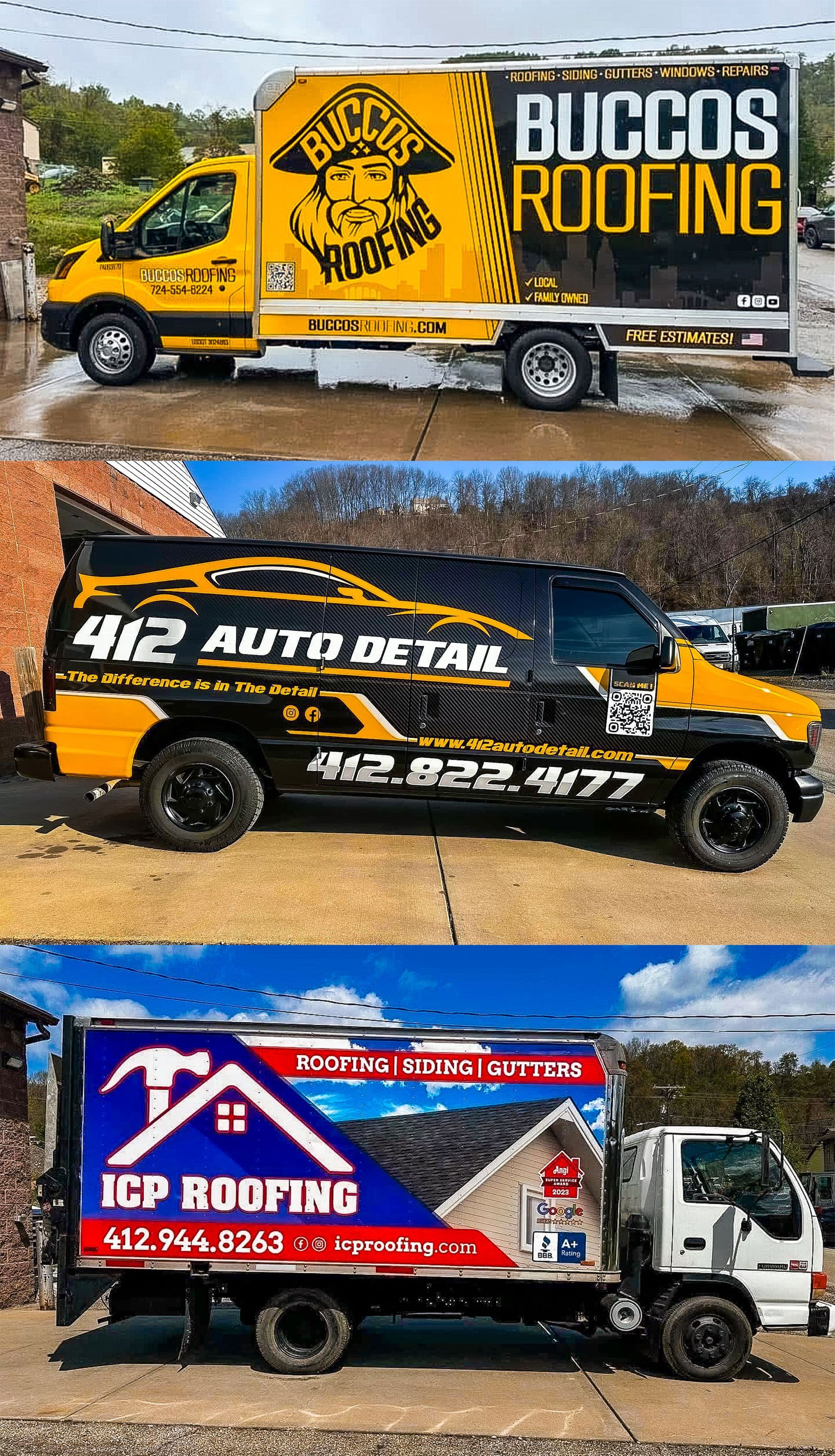 Three work trucks with business logos: roofing, auto detailing, and roofing services.