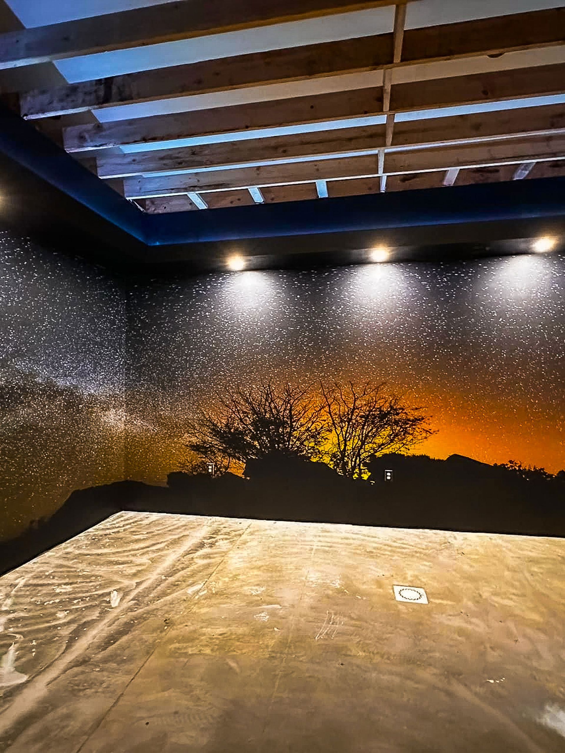 Room with starry night mural on the wall, spotlights, and unfinished concrete floor.