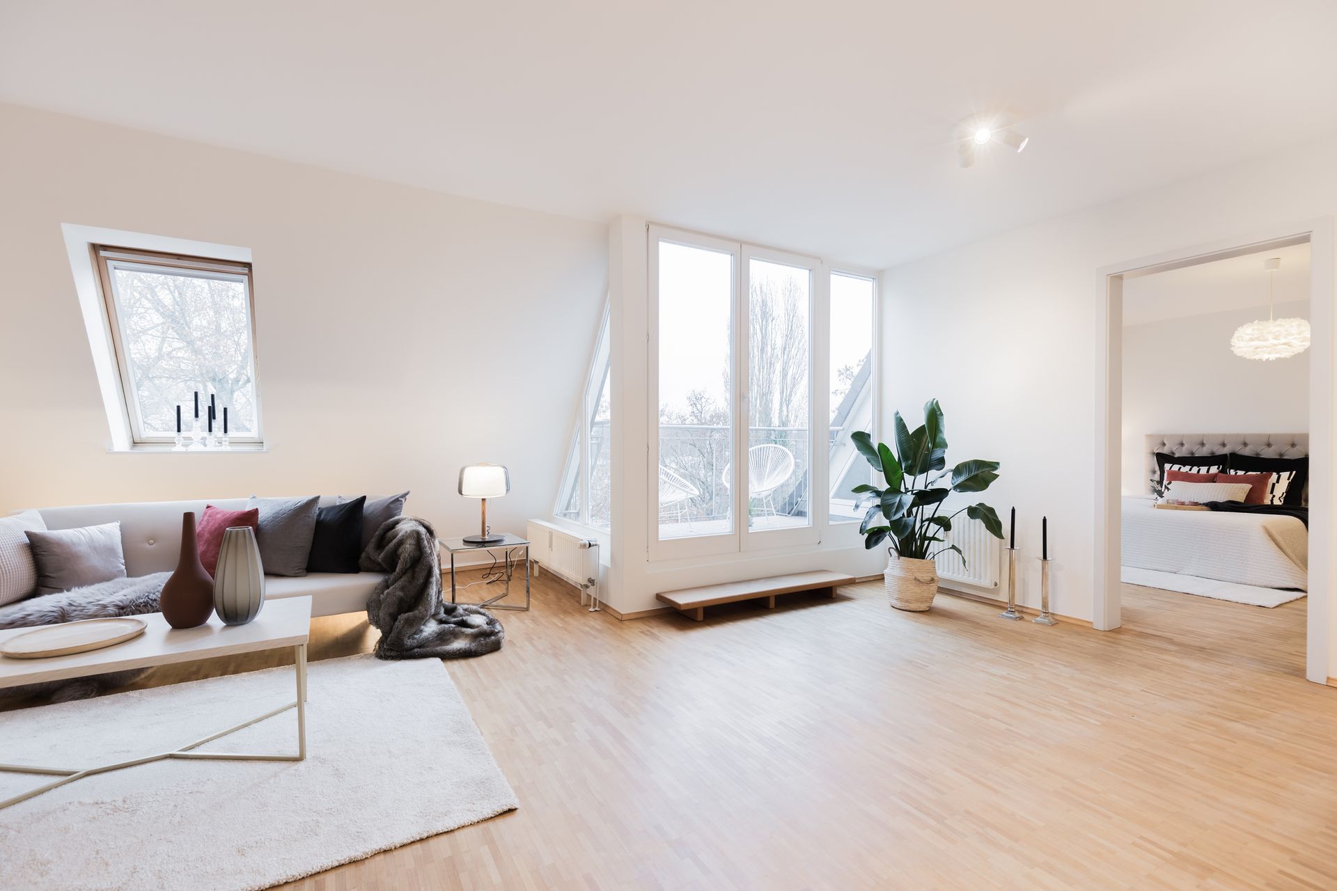 A living room with a couch , table , and potted plant.