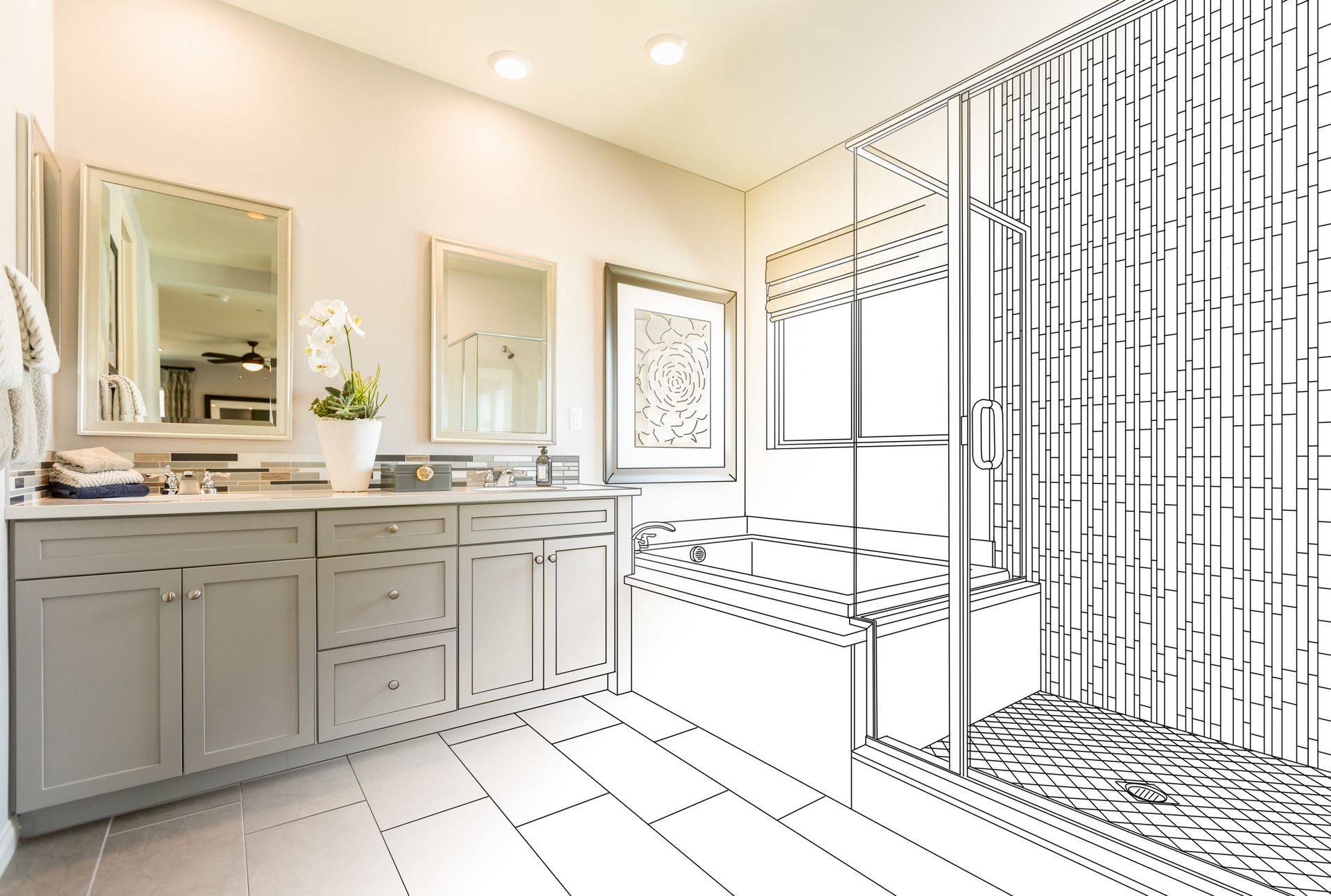 A black and white drawing of a bathroom with a shower.