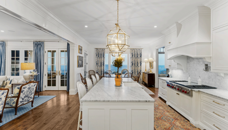 There is a large island in the middle of the kitchen.