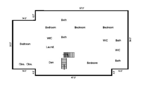 A black and white floor plan of a house with bedrooms and bathrooms