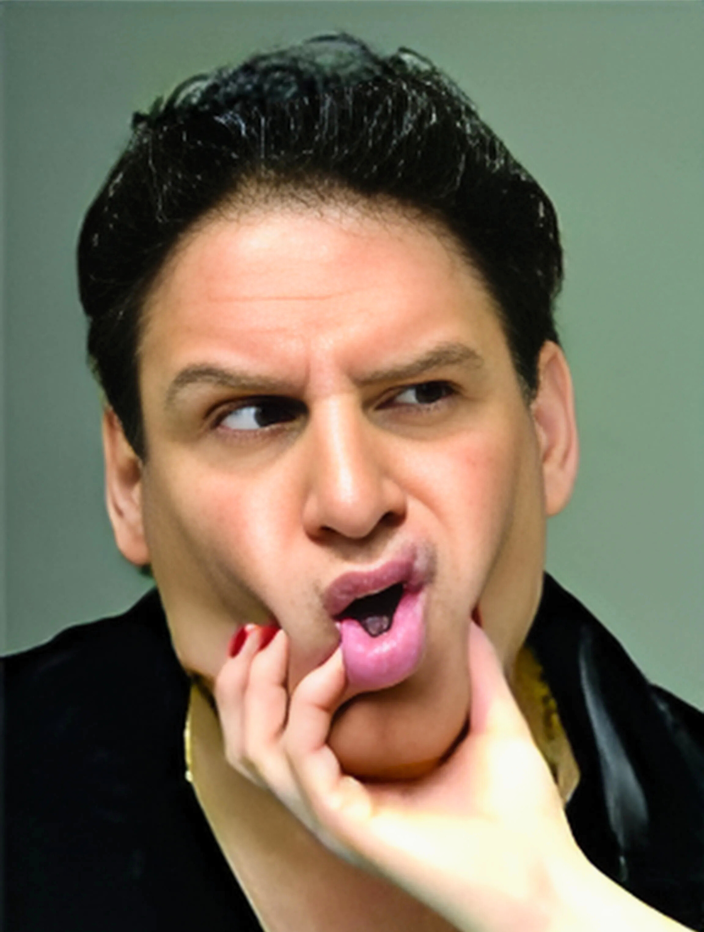 A man with a woman 's hand on his face