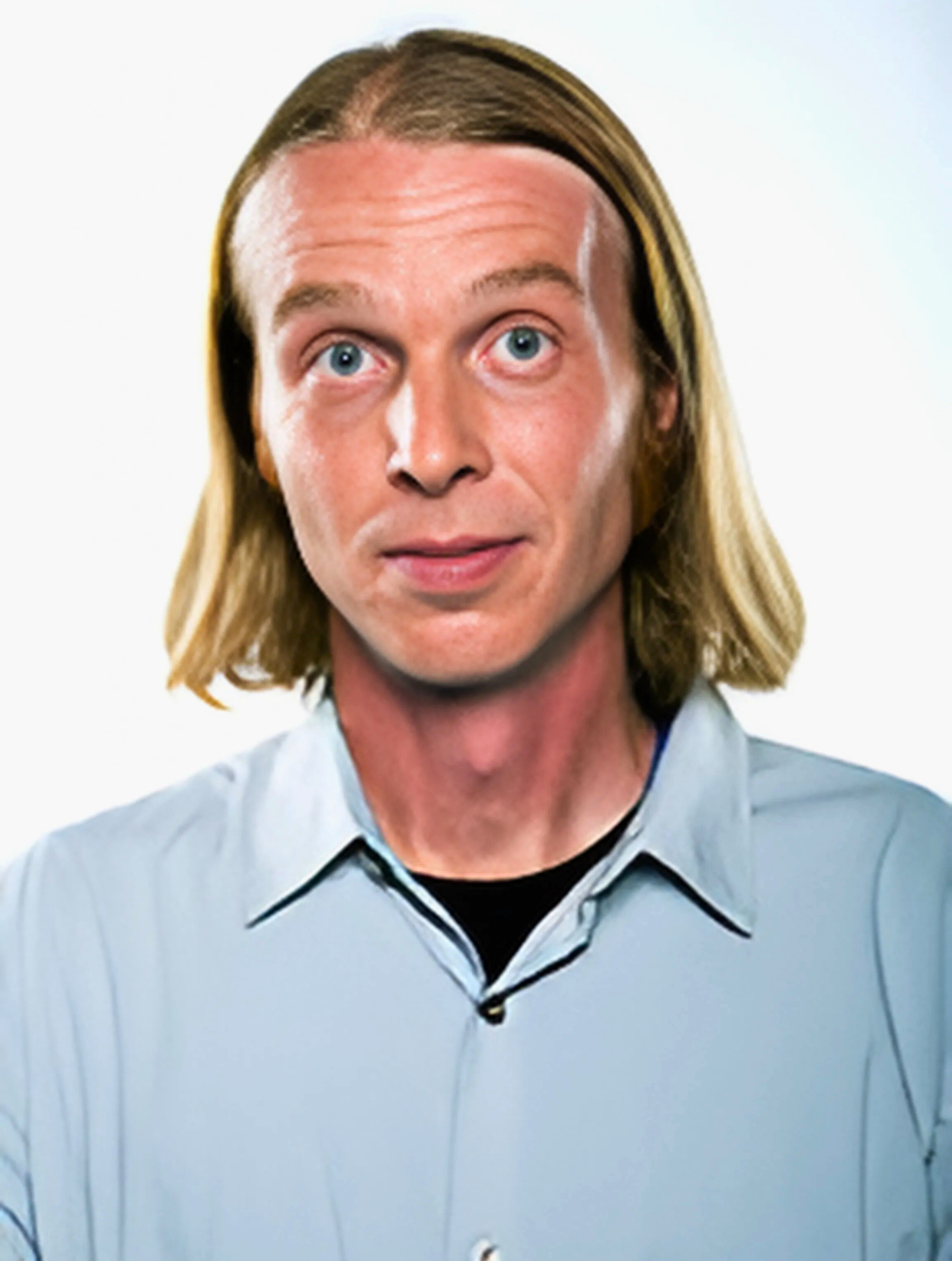 A man with long blonde hair is wearing a light blue shirt