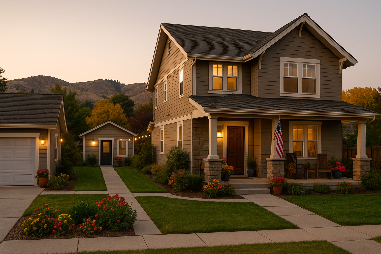 Two-story Boise home with detached garage, and backyard ADU connected by continuous sidewalks, surrounded by colorful landscaping, porch seating, and foothills at sunset.