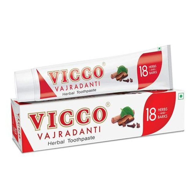 Two Tubes And A Box Of Vicco Vajradanti Herbal Toothpaste, Red And White Packaging, With Illustrations Of Herbs — Atherton Health Food Centre in Atherton, QLD
