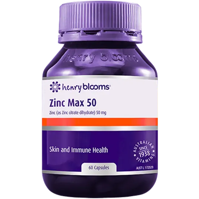 Bottle Of Henry Blooms Zinc Max 50 Capsules. It Features A Purple Bottle With White And Orange Labels. It States That It Helps With Skin And Immune Health — Atherton Health Food Centre in Atherton, QLD