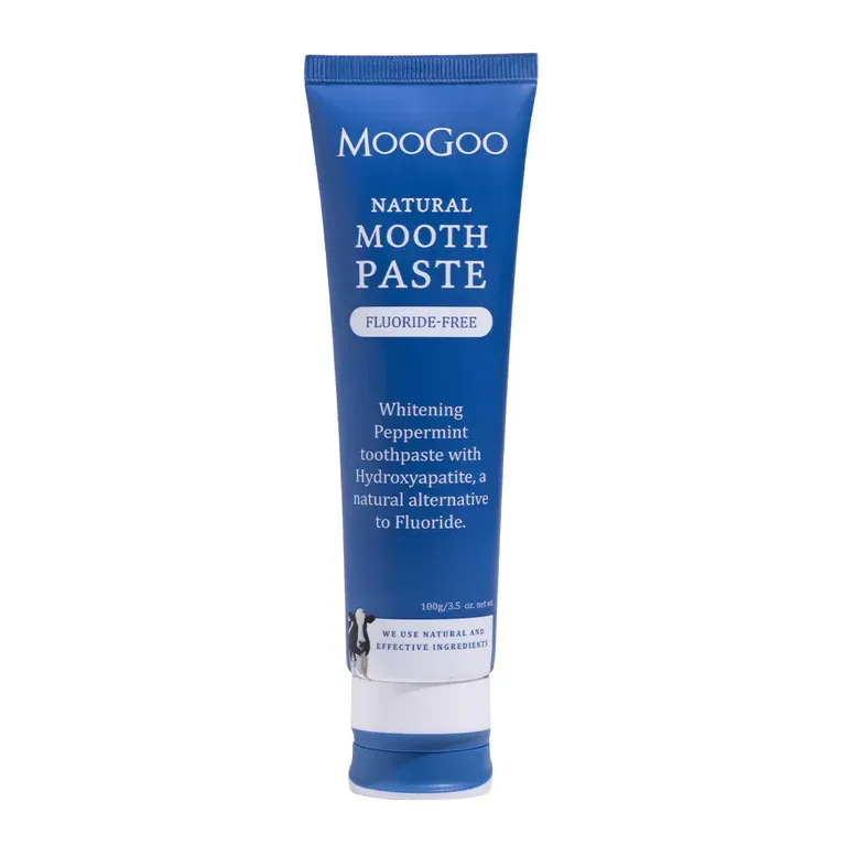 Blue Tube Of MooGoo Natural Mooth Paste. It Is Whitening, Fluoride-free Toothpaste With Peppermint And Hydroxyapatite — Atherton Health Food Centre in Atherton, QLD