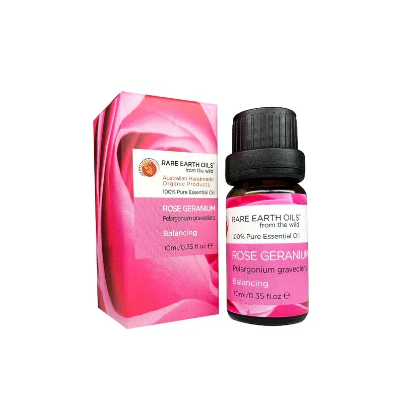 A Bottle Of Rare Earth Oils Rose Geranium Essential Oil, Displayed With Its Box, Against A White Background — Atherton Health Food Centre in Atherton, QLD