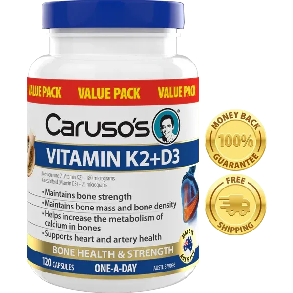 Bottle Of Caruso's Vitamin K2+D3 Supplements, Promoting Bone Health And Strength, With "Value Pack" Label And Money-back Guarantee — Atherton Health Food Centre in Atherton, QLD