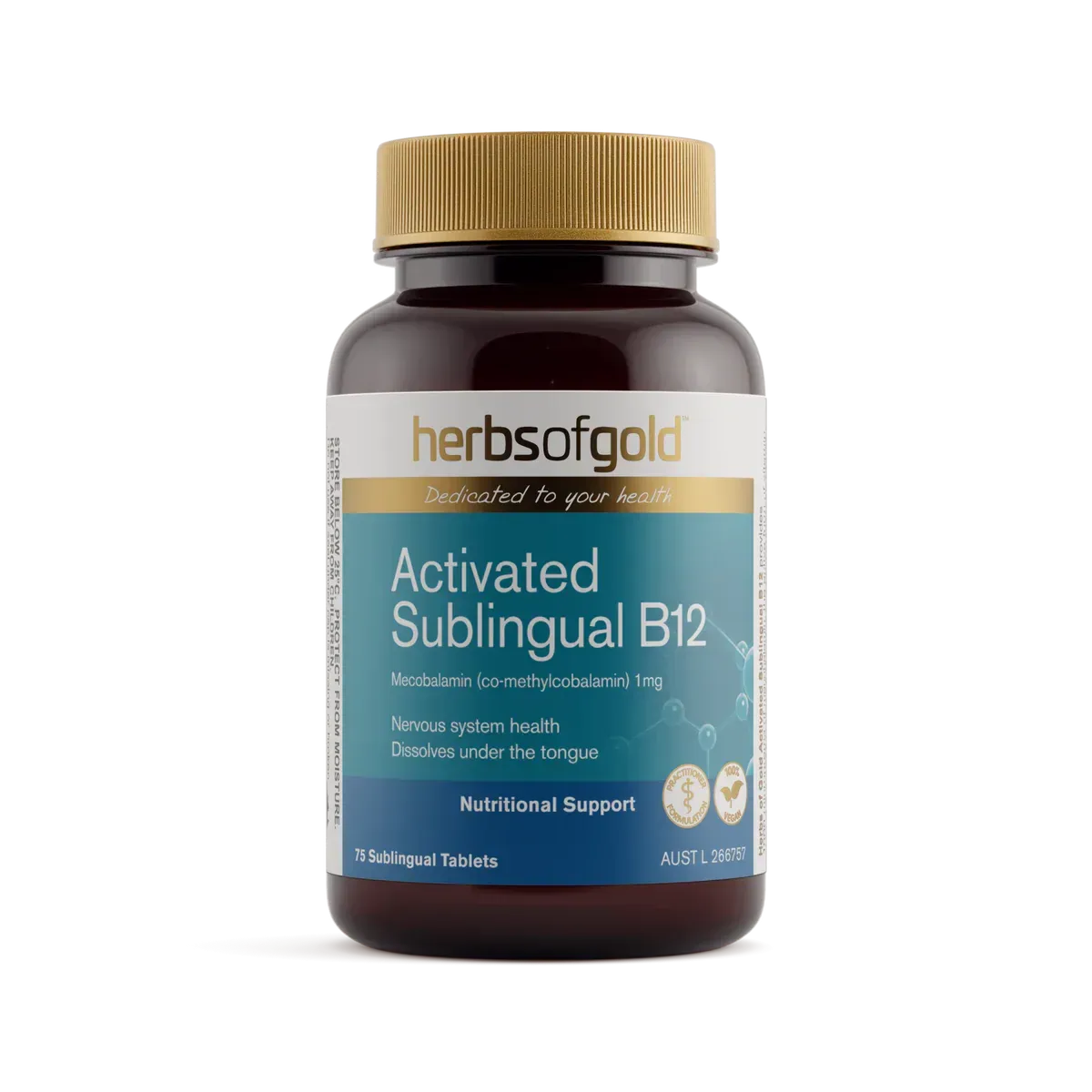 Bottle Of Herbs Of Gold Activated Sublingual B12 Vitamins, With A Gold Cap And Label. It Says "Nutritional Support" On The Label — Atherton Health Food Centre in Atherton, QLD