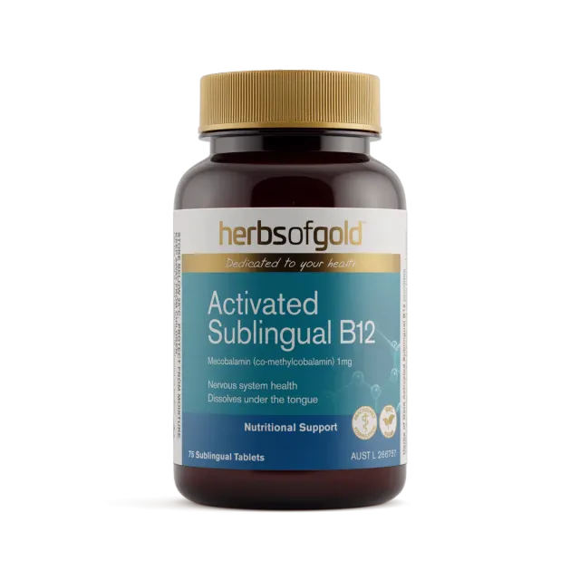 Bottle Of Herbs Of Gold Activated Sublingual B12 Vitamins, With A Gold Cap And Label. It Says "Nutritional Support" On The Label — Atherton Health Food Centre in Atherton, QLD