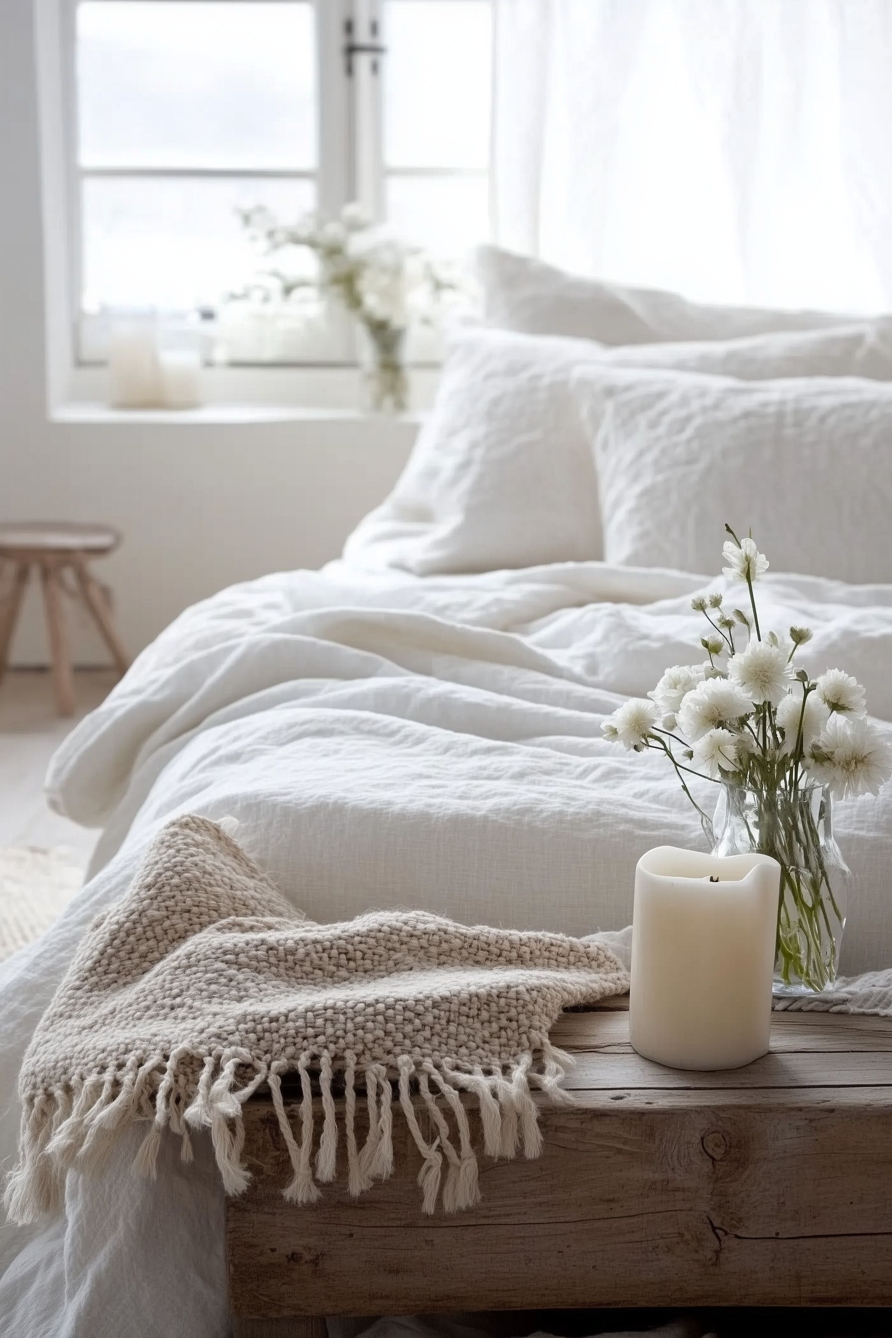 White bedroom with bed, flowers, candle, and throw blanket.