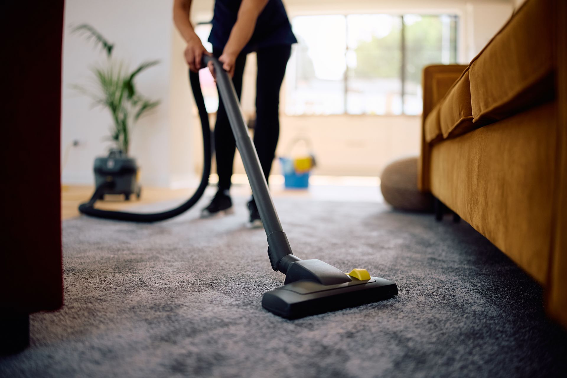 Person vacuuming a gray carpeted living room; yellow sofa and houseplant in the background.