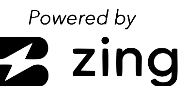 A black and white logo that says `` powered by zing ''.