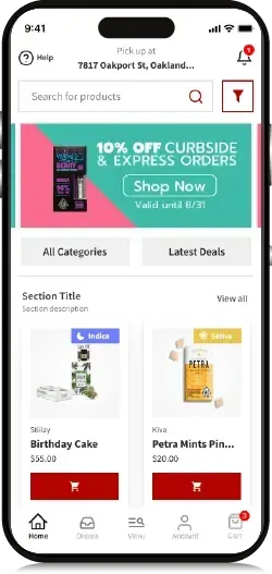 Mobile app interface showcasing product listings with a red shopping cart icon.