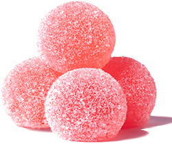 Four pink, sugar-coated gummy candies stacked together, close-up view.