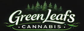 Logo for Green Leafs Cannabis, featuring green cursive text with a forest backdrop on black.