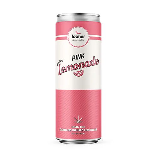 Pink lemonade cannabis-infused beverage can with a white and pink label; a red logo and text.