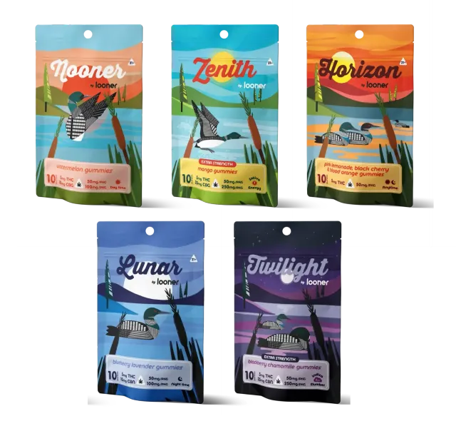Five colorful packages of gummies, each featuring a loon and nature scene, with different names: Nooner, Zenith, Horizon, Lunar, and Twilight.