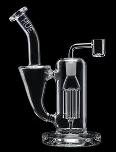 Clear glass water pipe with a bent neck, a handle, and a quartz banger attached.