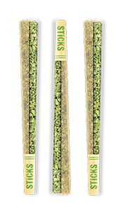 Three pre-rolled cannabis joints with green and tan details, labeled 