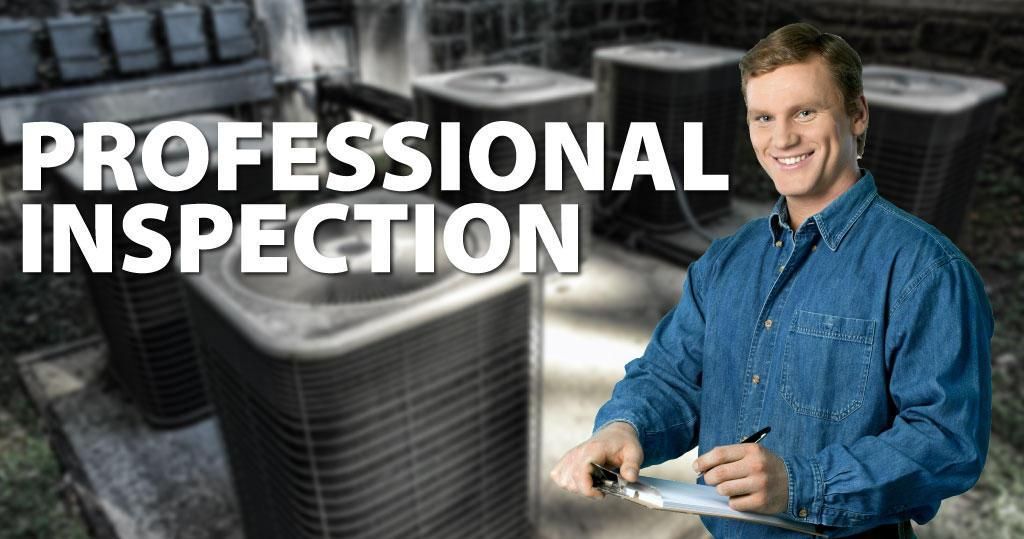 A man in a blue shirt is holding a clipboard and smiling in front of a sign that says professional inspection