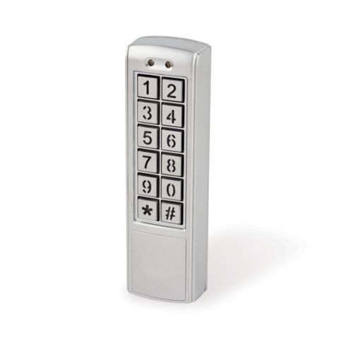 A silver keypad with numbers and letters on it on a white background.