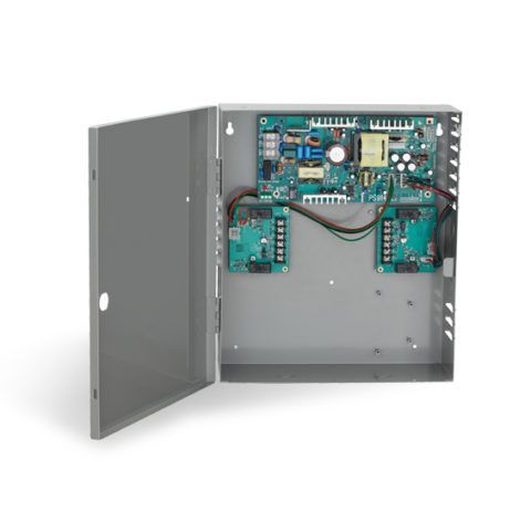 A metal box with a lot of electronic components inside of it.